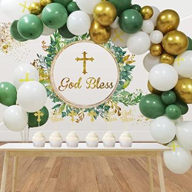 Imagem de Conjunto de decorações de batismo - Decorações de Mi Bautizo com verduras fundo de batismo, guirlanda de balões verde sálvia e dourado, topo de bolo de cruz para meninos meninas primeira comunhão batizado Confirmação de decorações de festa religiosa, chá de bebê