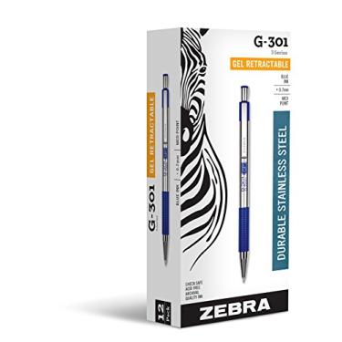 Imagem de Zebra Pen G-301 Caneta de tinta de gel retrátil, barril de aço inoxidável, ponta média, 0,7 mm, tinta azul, pacote com 12