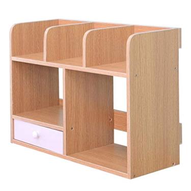 Imagem de Estante pequena estante na mesa Rack de armazenamento de mesa simples de camada dupla com gavetas Estante de escritório em casa suporte de arquivos para livros documentos revistas itens pequenos estante (cor: natura