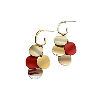 Imagem de Noonsial Brincos de ouro geométrico com costura contrastante em cores contrastantes retrô exclusivo disco de metal brincos pendentes para mulheres meninas joias presente, Zinco, Sem Pedra Preciosa