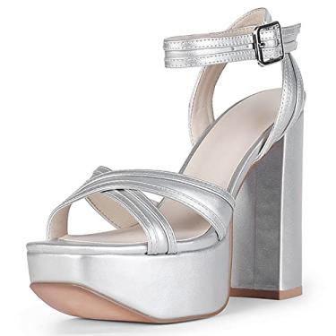 Imagem de Sandálias femininas de bico aberto salto alto salto grosso peep toe tira no tornozelo sapatos sociais de plataforma alta para mulheres, prata, 40 EU/9 US