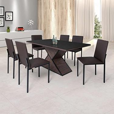 Imagem de Conjunto Sala de Jantar Mesa Dubai 160x90cm Tampo Vidro com 6 Cadeiras Egito Ciplafe Preto/linho Marrom