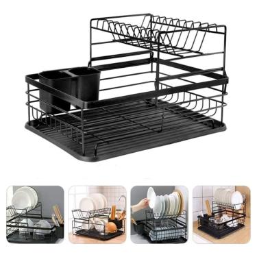 Imagem de Escorredor Louça Duplo Aço White Dish Bandeja Porta Talher Preto
