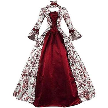 Imagem de Traje Vitoriano Vermelho Feminino, Vestido De Baile, Vestido Medieval Irlandês, Vestido Medieval De Halloween, Vestido Medieval Com Renda, Vestido Espartilho Renascentista,Vinho,3XL / XXX-Grande,S