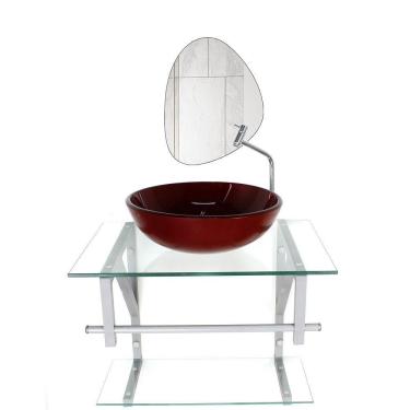 Imagem de Conjunto Gabinete Vidro Banheiro 60cm Com Espelho Orgânico Moderno Cor: cuba Vermelho Cereja