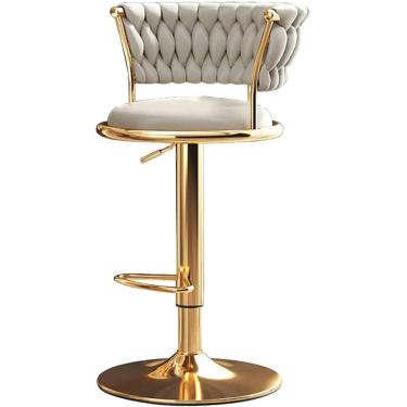Imagem de Cadeira de bar giratória, com perna dourada e encosto estofado de veludo, para banco alto de balcão de cozinha de restaurante, altura ajustável 54-74 cm, bege