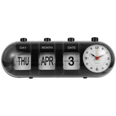 Imagem de FAVOMOTO Calendário de mesa perpétuo com relógio ABS manual flip, calendário de mesa acadêmico retrô vintage digital para decoração de mesa de escritório e casa