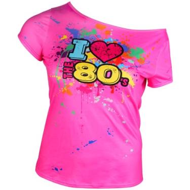 Imagem de Geyoga Roupas femininas dos anos 80 plus size I Love The 80's Costumes 80s ombro de fora camiseta tops roupas neon grandes, Vermelho rosa, XGG
