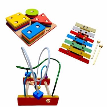 Imagem de Kit Brinquedo Pedagógico Educativo Em Madeira Prancha Seleção + Aramado M + Xilofone