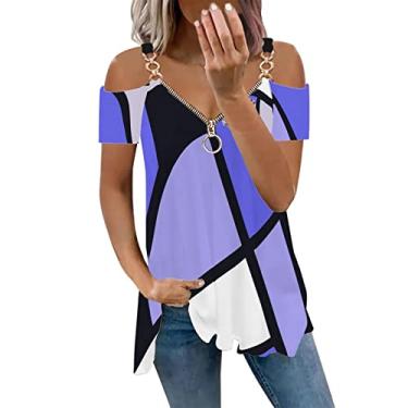 Imagem de Verão frio ombro topos para mulheres anel cinta manga curta zíper v pescoço túnica camiseta impressa camisas casuais Abrir de cor curto feminina Emenda de costura colorida F50-Roxo 3X-Large
