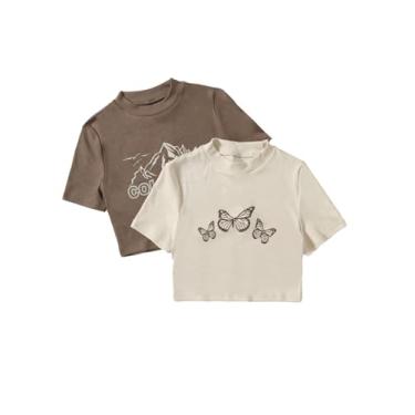 Imagem de WDIRARA 2 peças de camisetas femininas com estampa de borboleta, gola redonda, manga curta, casual, verão, camisetas tricotadas, Multicor, G