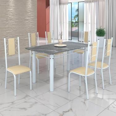 Imagem de Conjunto Sala de Jantar Bahia Mesa Tubo 140x75cm Tampo Pedra Granito Topázio com 6 Cadeiras Creme/branco