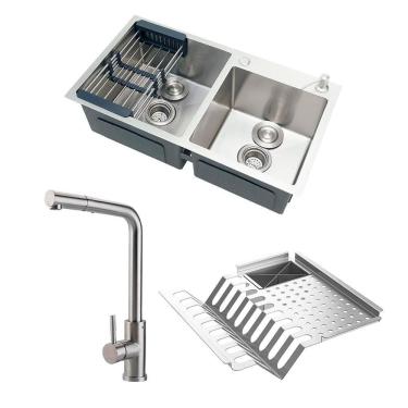 Imagem de Kit Cuba para Cozinha com Escorredor Awá e Torneira Misturador Monocomando Extensível Gurupi - Prata