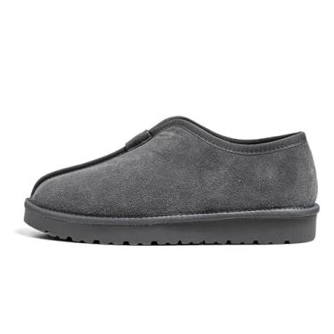 Imagem de MANLADUO One-Step Slip-On Sapatos masculinos de pelúcia e algodão quente espesso, estilo preguiçoso, botas de neve de cano baixo de couro de camurça para homens, Cinza, 42