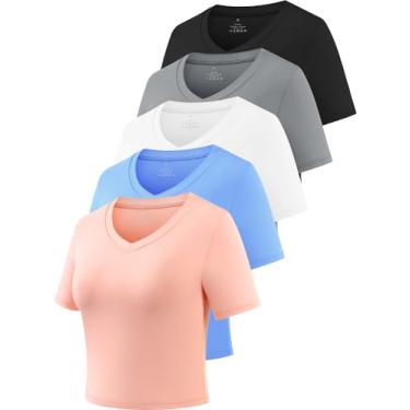 Imagem de Cosy Pyro Camisetas femininas cropped de manga curta e modelagem seca com gola V para ioga, Preto/Cinza/Branco/Azul/Rosa, P
