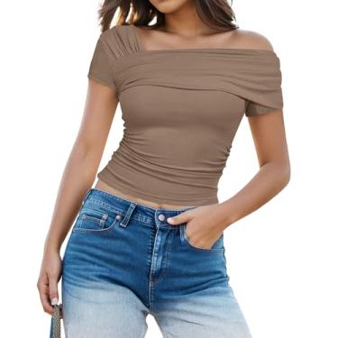 Imagem de Camiseta feminina com ombro de fora, manga curta, franzida, lateral, casual, elegante, cropped, Caqui, G