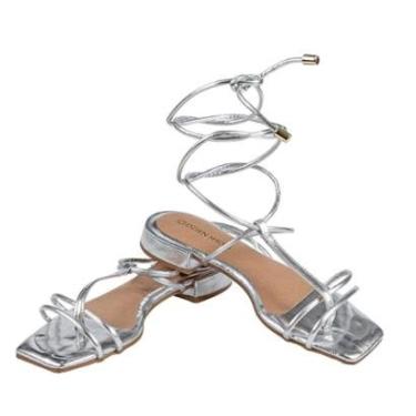 Imagem de Sandália Dourada Lia Salto Baixo de Amarrar Confortável Luxo Lançamento-Feminino