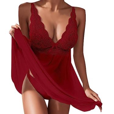 Imagem de Lainuyoah Lingerie feminina Babydoll com gola V, conjunto de roupa de dormir de renda, vestido de dormir sem fecho, malha transparente, camisola sexy, Vermelho A, 3G