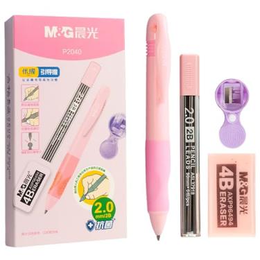 Imagem de M&G Conjunto de lapiseira de 2 mm, com refil de borracha e apontador, material escolar, lápis de desenho, lápis de esboço, lápis mecânicos estéticos para escrever (rosa)
