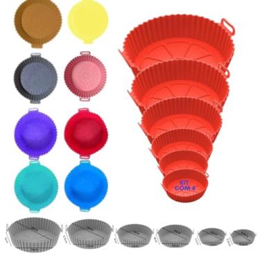 Imagem de Kit Com 6 Formas Reutilizável Cesta Redonda de Silicone Para Air Fryer Fritadeira Eletrica Universal Reutilizável Antiaderente Com Alça Para Forno E Microondas