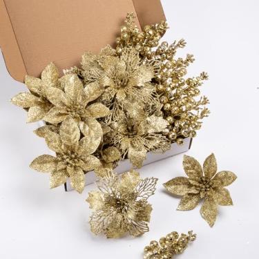 Imagem de 24 peças de enfeites de árvore de Natal com glitter dourado e hastes de frutas vermelhas, 16 peças de flores artificiais de Natal e 8 unidades de palhetas de árvore de Natal para decorações de casamento