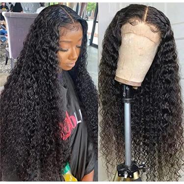 Imagem de Perucas Deep Wave 13X6 HD lace frontal cabelo humano pré-recolhido brasileiro virgem encaracolado perucas com cabelo de bebê para mulheres negras cor preta natural 180% densidade 40,6 cm