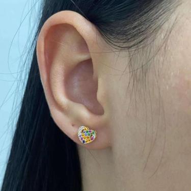 Imagem de Brinco Coração Cravejado Zircônia Colorido Banhado a Ouro 18k - Work S