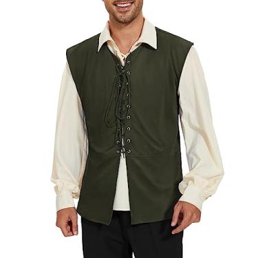 Imagem de Colete masculino renascentista medieval renascentista colete com cadarço colete pirata Halloween verde exército GG