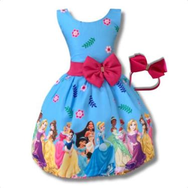 Imagem de Vestido Infantil Temático Princesas Azul Luxo Festa  - Pequenos Encant