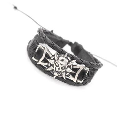 Imagem de pulseira bracelete em couro legitimo caveira esqueleto pirata rock roq