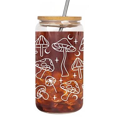 Imagem de Lvoetgif Mushroom Iced Coffee Glasses with Bamboo Lids and Straw, Cute Mushroom Drinking Beer Can Shaped Cup, Aesthetic Birthday Gifts for Mushroom Lovers Women Mom Best friend wife