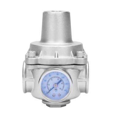 Imagem de DERPIPE Válvula de água do regulador de pressão - redutor de pressão fêmea NPT de 2,5 cm de aço inoxidável 304 com manômetro, válvula ajustável sem chumbo para trailer, jardim, ar.