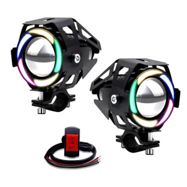 Imagem de NWpangu 2 faróis de motocicleta, faróis de neblina de LED U7 IP67 à prova d'água com anel de anjo colorido para motocicleta, quadriciclo, bicicleta, caminhão, barco (interruptor incluído)