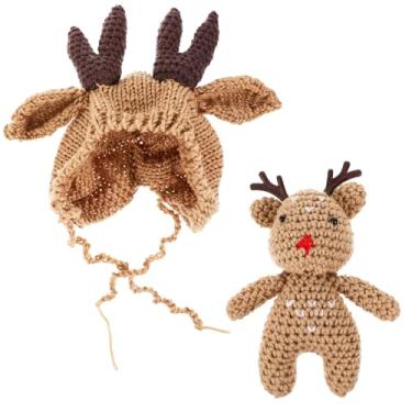 Imagem de Gorro de crochê Amosfun de Natal com rena para bebês meninos e meninas