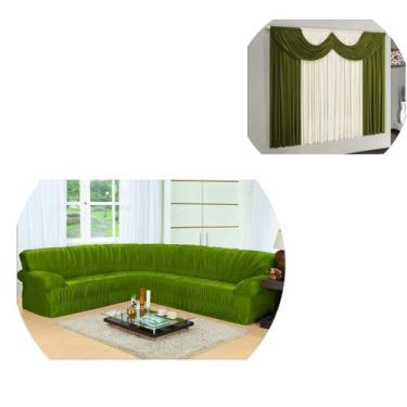 Imagem de Kit Capa Sofá De Canto De Até 5/6 Lugares + Cortina 02 Metros Verde - 