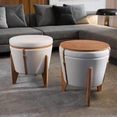 Imagem de Puff Decorativo Baú Flex Tampo Para Mesa Centro Linho Claro - Emane De