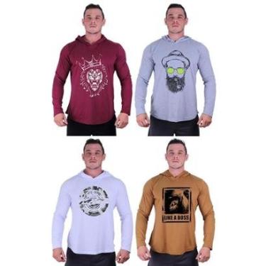 Imagem de Kit 4 Camisetas Manga Longa com Touca Longline Estampada Treino Academia Lazer Casual-Masculino