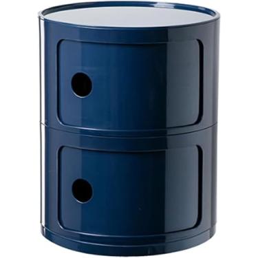 Imagem de Mesa de cabeceira redonda de plástico de 2/3/4 níveis de armazenamento com gavetas e porta deslizante armário de cabeceira moderno nórdico para quarto, azul, 30 x 40 cm