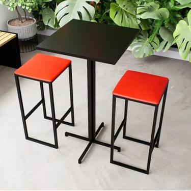 Imagem de Conjunto Mesa Alta Bar Bistrô Quadrada Preta 2 Bancos Estofado Industrial Black (Vermelho)