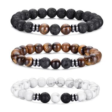 Imagem de VEEDOFA Pulseiras masculinas com contas de olho de tigre - Conjunto de pulseiras elásticas de pedra natural de 8 mm, pulseiras de pedra vulcânica, presentes para filho, neto, bônus, filho, namorado,