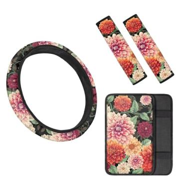 Imagem de TOADDMOS Capa de volante de carro antiderrapante para dálias mexicanas flores florais almofada de console central confortável almofada de cinto de segurança de poliéster para caminhões SUV Van Auto,