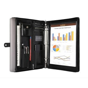 Imagem de Pasta de couro preto para homens, fichário de couro executivo com 3 anéis para mulheres, fichário de couro personalizado, organizador de portfólio com zíper para laptop/tablet de 13 polegadas