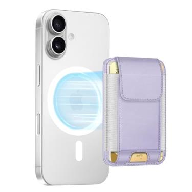 Imagem de FINPAC Carteira magnética, suporte magnético para iPhone 15/14/13/12, serve para 6 cartões, bloqueio seguro de RFID, porta-cartão de crédito fino de couro para mulheres e homens, roxo claro, Marrom