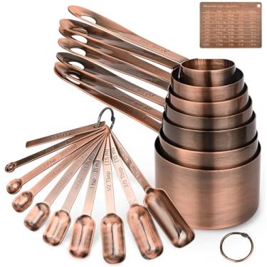 Imagem de SUNMVEHOT Conjunto de copos e colheres medidores banhados a cobre, conjunto de copos e colheres de medição de aço inoxidável: 7 copos medidores de cozinha, 9 colheres de medição de especiarias, copos