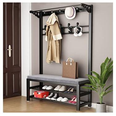 Imagem de Cabideiro, sapato, banco, 4 em 1, hall de entrada, árvore com 15 ganchos e banco de armazenamento de sapatos de 2 níveis, haste de metal para pendurar jaqueta fácil de montar, 172 cm de altura