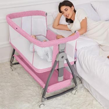 Imagem de Jixrolyn Berço Rosa Para Bebê Menina, Berço De Bebê Para Dormir Ao Lado Da Cama Com Colchão E Rodas Para Recém-Nascidos E Bebês, Altura Ajustável Com Malha Respirável E Mosquiteiro