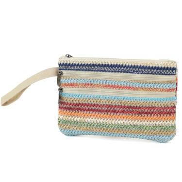 Imagem de BBORGDC Bolsa clutch com zíper com alça destacável, pequena bolsa transversal de tecido e bolsa de pulso, bolsa de palha trançada compacta para itens essenciais do dia a dia, férias na praia e