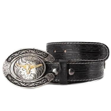 Imagem de Cinto Masculino Country De Couro Detalhe Ferradura Fivela Boi Dourada 