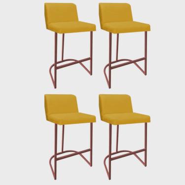 Imagem de Kit 04 Banquetas Com Encosto Noah Luxo Confort Bistrô Cozinha Ferro Bronze Suede Amarelo - Ahz Móveis