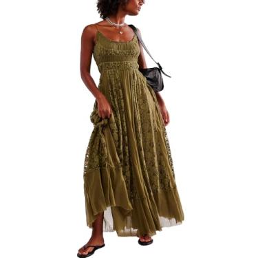 Imagem de Gacaky Vestido de verão feminino casual renda floral bordado boêmio maxi vestido rodado evasê praia vestido longo, Verde, P